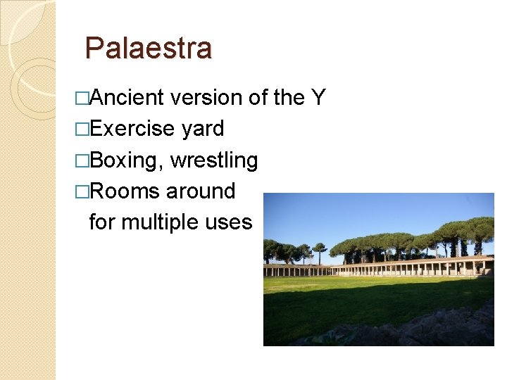 Palaestra �Ancient version of the Y �Exercise yard �Boxing, wrestling �Rooms around for multiple