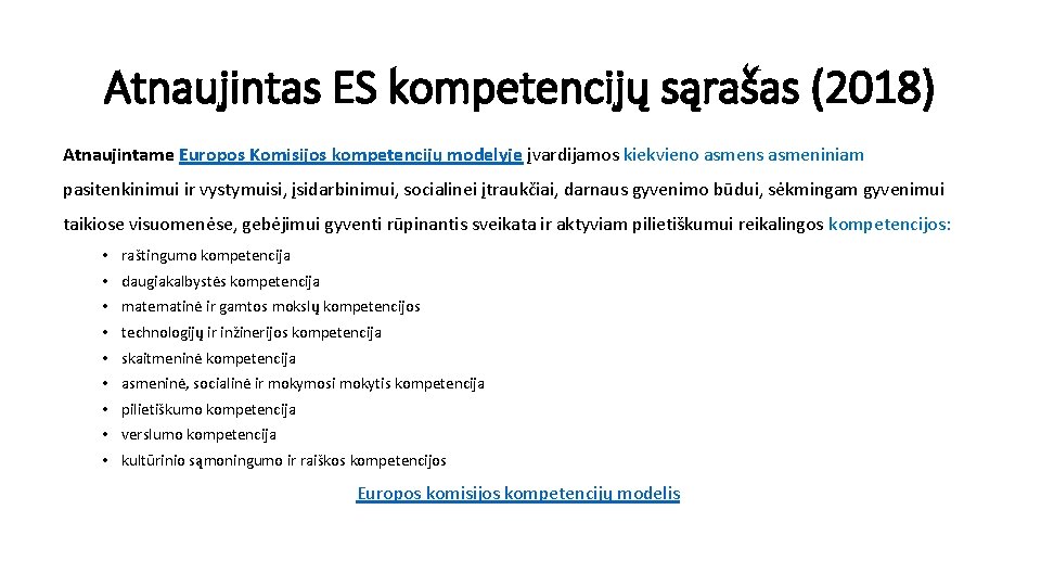 Atnaujintas ES kompetencijų sąrašas (2018) Atnaujintame Europos Komisijos kompetencijų modelyje įvardijamos kiekvieno asmens asmeniniam