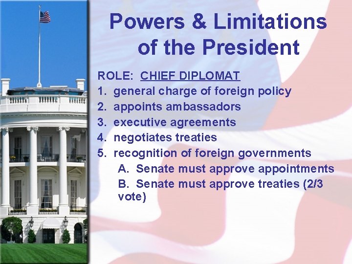 Powers & Limitations of the President ROLE: CHIEF DIPLOMAT 1. general charge of foreign