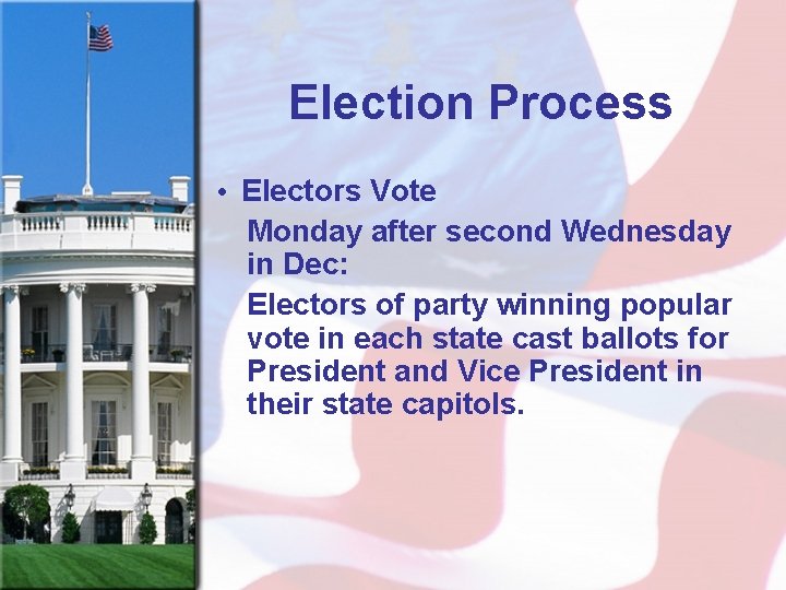 Election Process • Electors Vote Monday after second Wednesday in Dec: Electors of party