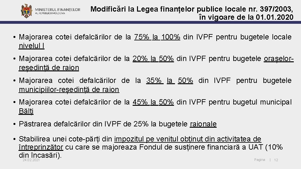 Modificări la Legea finanțelor publice locale nr. 397/2003, în vigoare de la 01. 2020