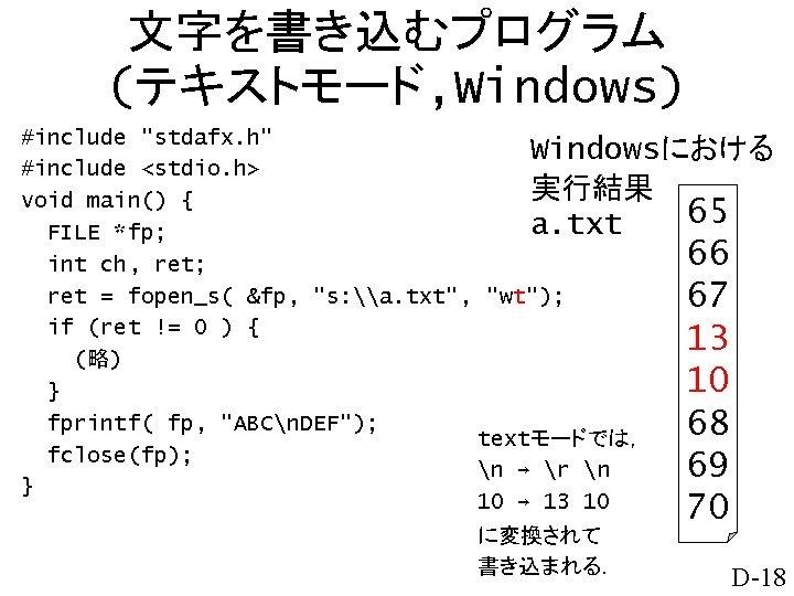 文字を書き込むプログラム (テキストモード, Windows) #include "stdafx. h" Windowsにおける #include <stdio. h> 実行結果 void main() {