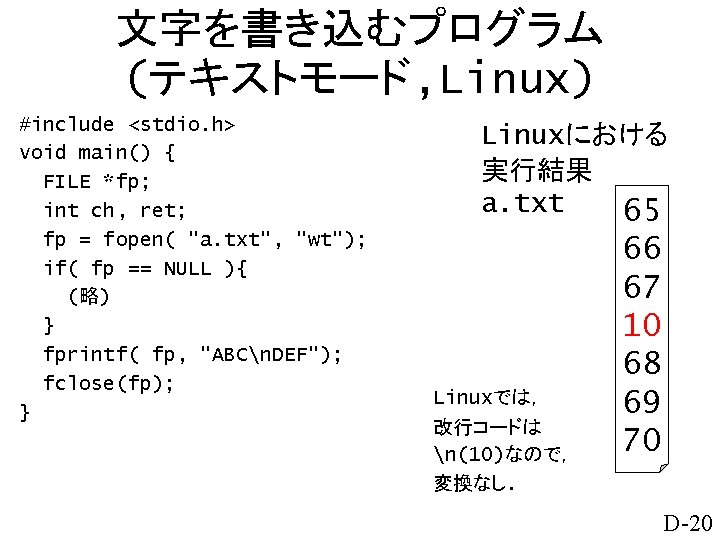 文字を書き込むプログラム (テキストモード, Linux) #include <stdio. h> void main() { FILE *fp; int ch, ret;