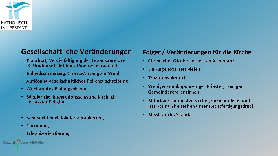 4 Gesellschaftliche Veränderungen Folgen/ Veränderungen für die Kirche • Pluralität, Vervielfältigung der Lebensbereiche >>