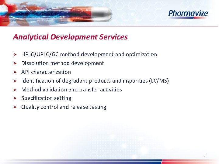 Analytical Development Services Ø Ø Ø Ø HPLC/UPLC/GC method development and optimization Dissolution method