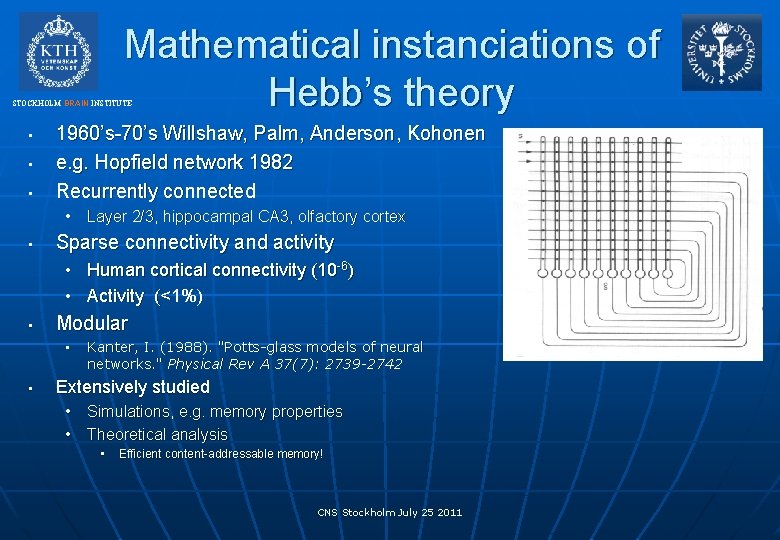 Mathematical instanciations of Hebb’s theory STOCKHOLM BRAIN INSTITUTE • • • 1960’s-70’s Willshaw, Palm,