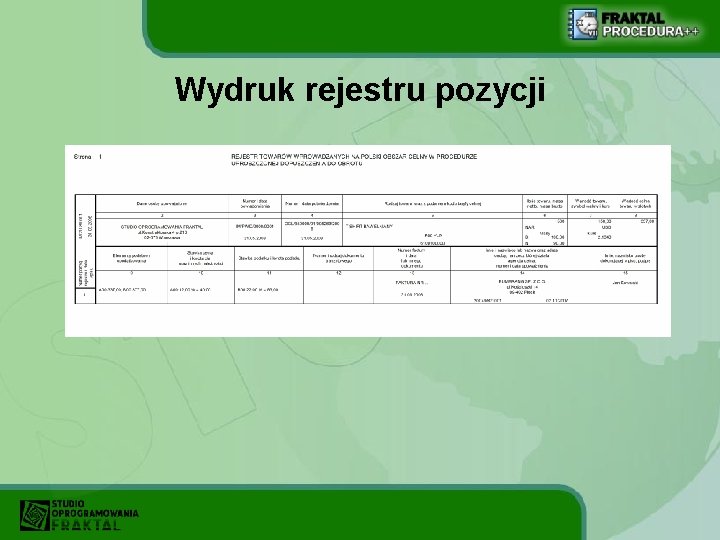 Wydruk rejestru pozycji 