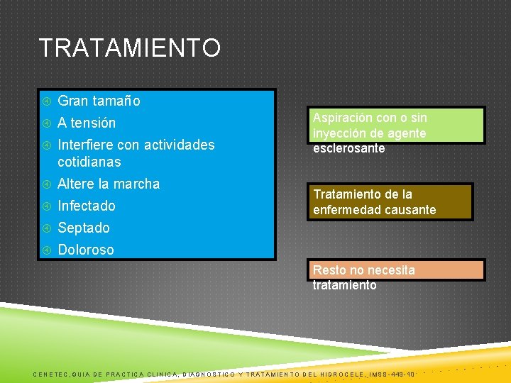 TRATAMIENTO Gran tamaño A tensión Interfiere con actividades cotidianas Altere la marcha Infectado Aspiración