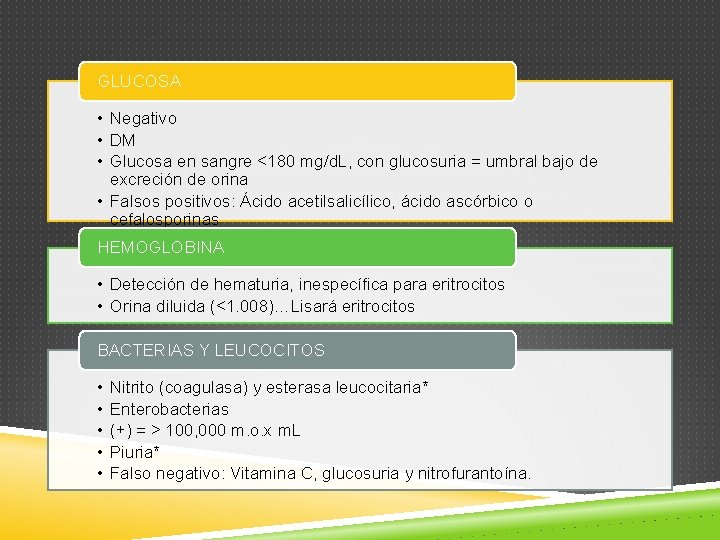 GLUCOSA • Negativo • DM • Glucosa en sangre <180 mg/d. L, con glucosuria