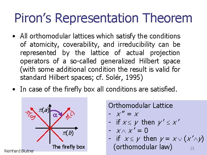Piron’s Representation Theorem • All orthomodular lattices which satisfy the conditions of atomicity, coverability,
