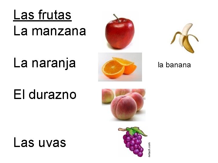 Las frutas La manzana La naranja El durazno Las uvas la banana 