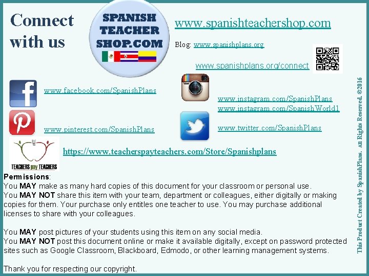 Connect with us www. spanishteachershop. com Blog: www. spanishplans. org www. facebook. com/Spanish. Plans