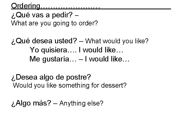 Ordering………… ¿Qué vas a pedir? – What are you going to order? ¿Qué desea