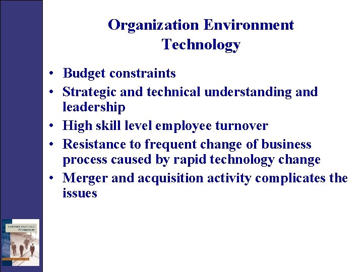 Organization Environment Technology • Budget constraints • Strategic and technical understanding and leadership •