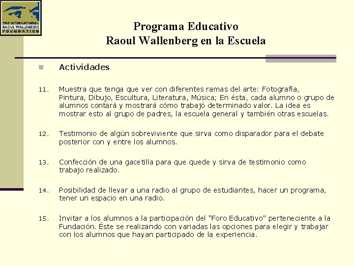 Programa Educativo Raoul Wallenberg en la Escuela n Actividades 11. Muestra que tenga que