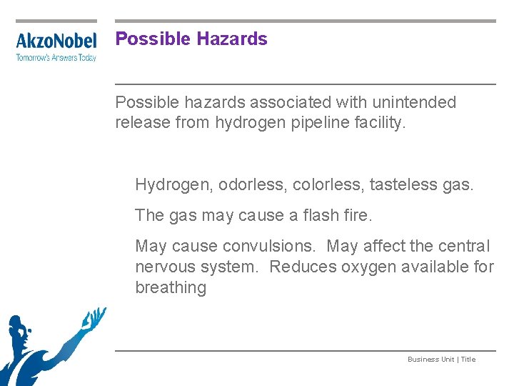 Possible Hazards Possible hazards associated with unintended release from hydrogen pipeline facility. Hydrogen, odorless,