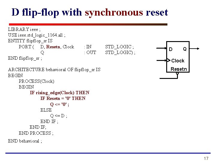 D flip-flop with synchronous reset LIBRARY ieee ; USE ieee. std_logic_1164. all ; ENTITY D flip-flop with synchronous reset LIBRARY ieee ; USE ieee. std_logic_1164. all ; ENTITY