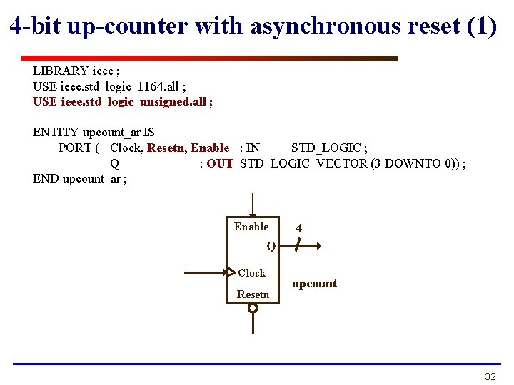 4 -bit up-counter with asynchronous reset (1) LIBRARY ieee ; USE ieee. std_logic_1164. all
