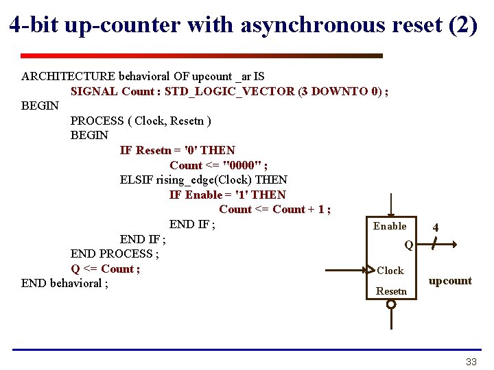 4 -bit up-counter with asynchronous reset (2) ARCHITECTURE behavioral OF upcount _ar IS SIGNAL 4 -bit up-counter with asynchronous reset (2) ARCHITECTURE behavioral OF upcount _ar IS SIGNAL