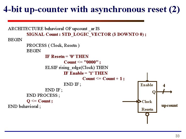 4 -bit up-counter with asynchronous reset (2) ARCHITECTURE behavioral OF upcount _ar IS SIGNAL