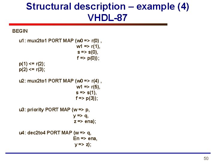 Structural description – example (4) VHDL-87 BEGIN u 1: mux 2 to 1 PORT Structural description – example (4) VHDL-87 BEGIN u 1: mux 2 to 1 PORT