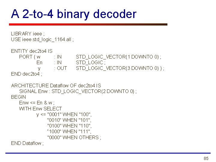 A 2 -to-4 binary decoder LIBRARY ieee ; USE ieee. std_logic_1164. all ; ENTITY