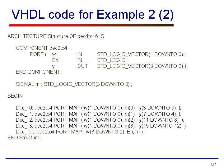 VHDL code for Example 2 (2) ARCHITECTURE Structure OF dec 4 to 16 IS