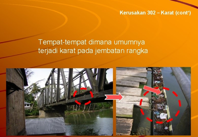 Kerusakan 302 – Karat (cont’) Tempat-tempat dimana umumnya terjadi karat pada jembatan rangka 