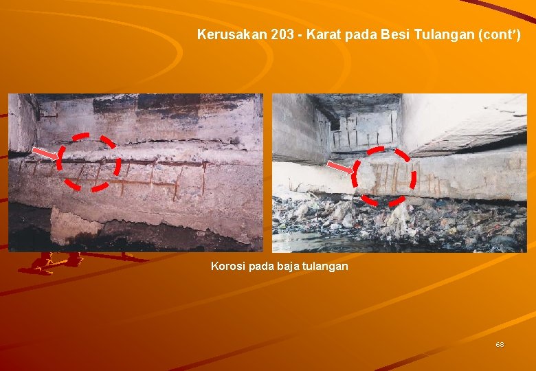 Kerusakan 203 - Karat pada Besi Tulangan (cont’) Korosi pada baja tulangan 68 