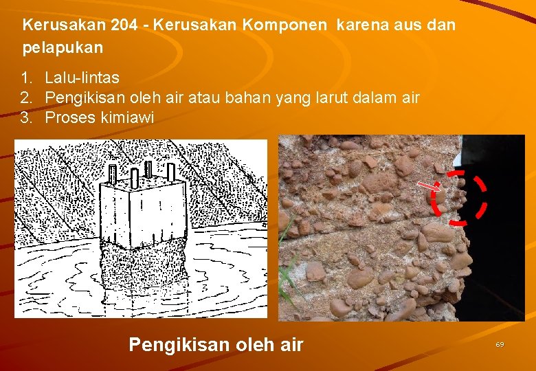 Kerusakan 204 - Kerusakan Komponen karena aus dan pelapukan 1. Lalu-lintas 2. Pengikisan oleh