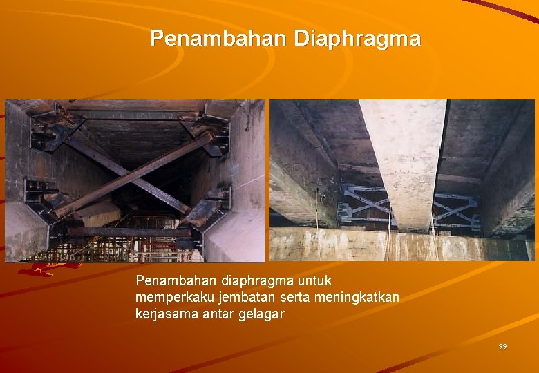 Penambahan Diaphragma Penambahan diaphragma untuk memperkaku jembatan serta meningkatkan kerjasama antar gelagar 99 