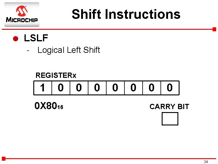 Shift Instructions l LSLF - Logical Left Shift REGISTERx 1 0 0 X 8016