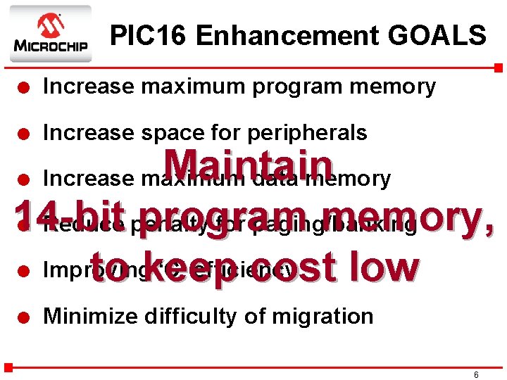 PIC 16 Enhancement GOALS l Increase maximum program memory l Increase space for peripherals