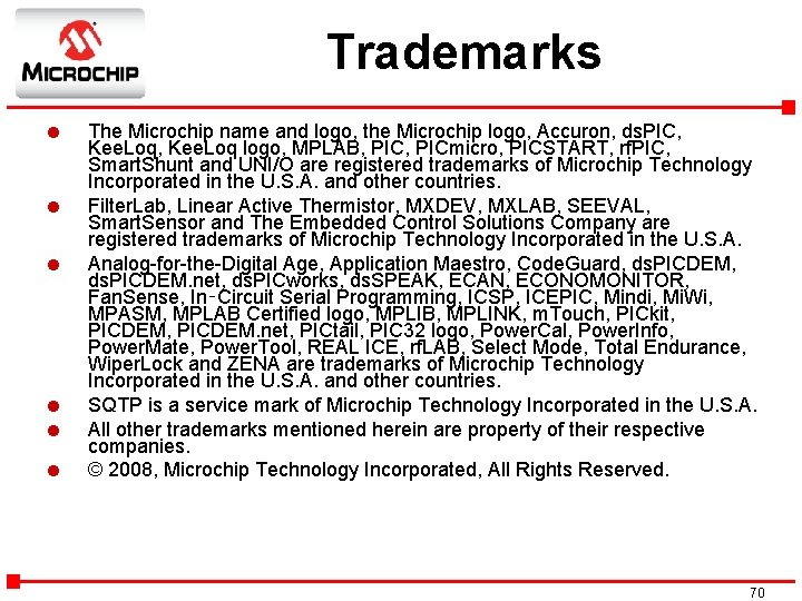 Trademarks l l l The Microchip name and logo, the Microchip logo, Accuron, ds.