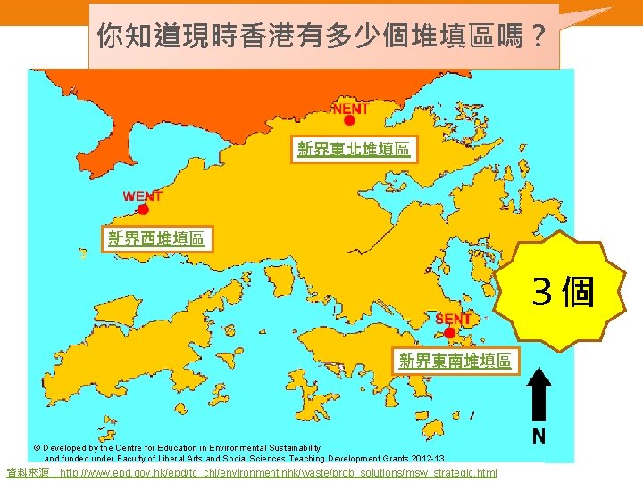 你知道現時香港有多少個堆填區嗎？ 新界東北堆填區 新界西堆填區 ３個 新界東南堆填區 © Developed by the Centre for Education in Environmental