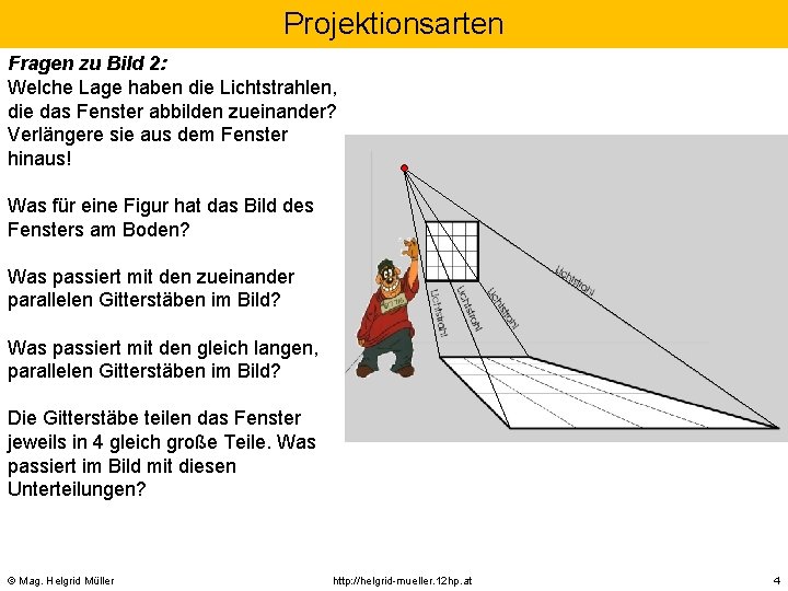 Projektionsarten Fragen zu Bild 2: Welche Lage haben die Lichtstrahlen, die das Fenster abbilden