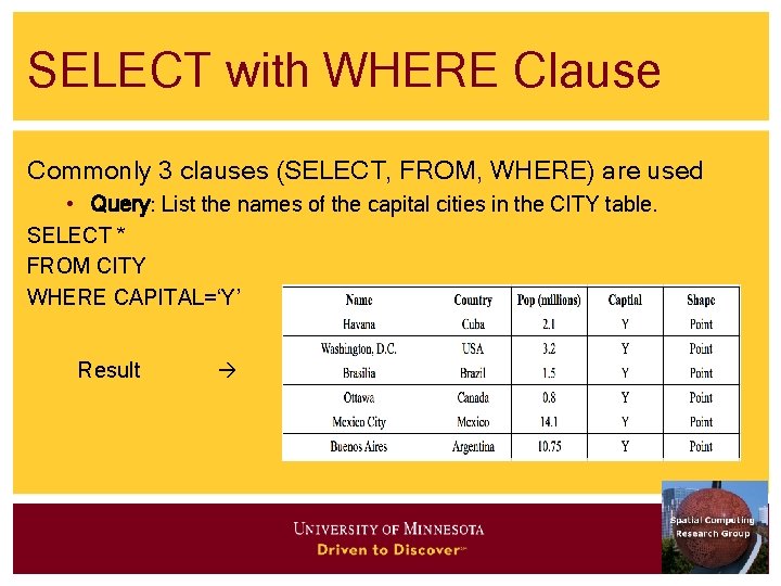 SELECT with WHERE Clause Commonly 3 clauses (SELECT, FROM, WHERE) are used • Query: