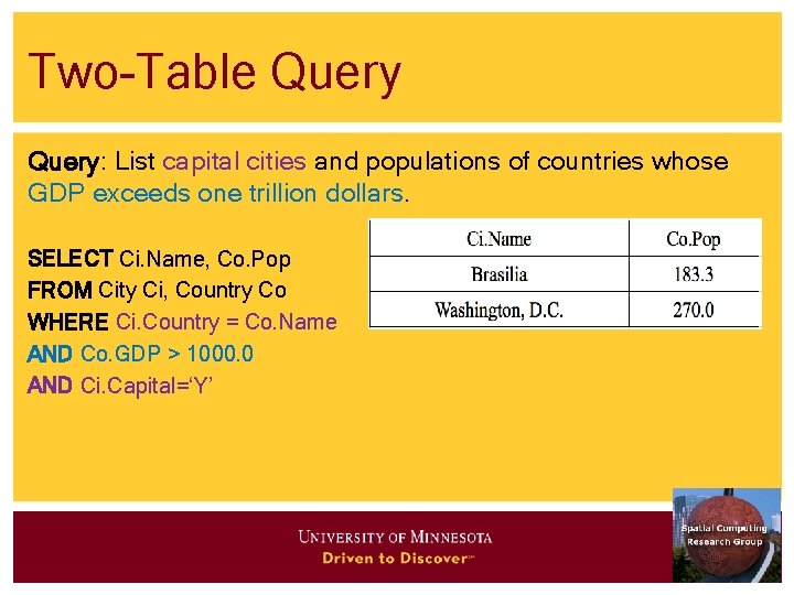 Two-Table Query: List capital cities and populations of countries whose GDP exceeds one trillion