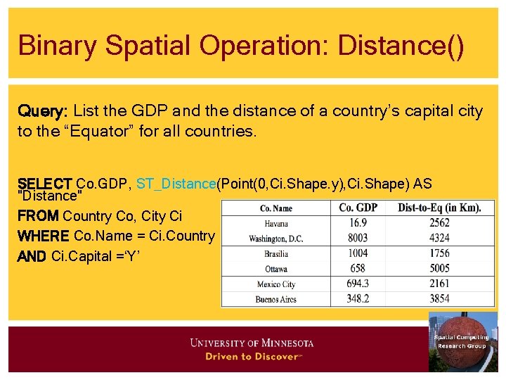 Binary Spatial Operation: Distance() Query: List the GDP and the distance of a country’s