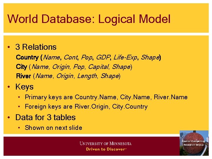 World Database: Logical Model • 3 Relations Country (Name, Cont, Pop, GDP, Life-Exp, Shape)