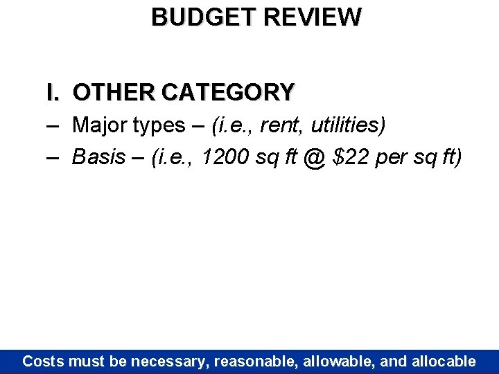 BUDGET REVIEW I. OTHER CATEGORY – Major types – (i. e. , rent, utilities)