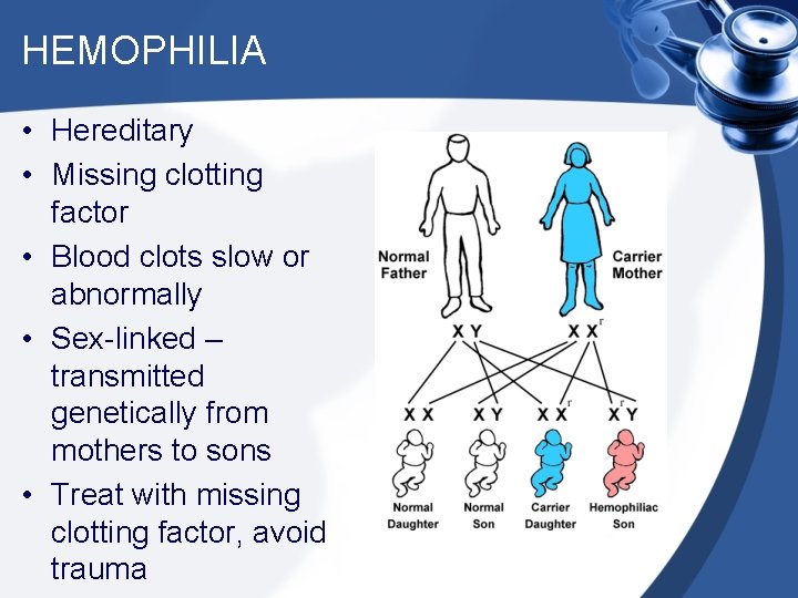 HEMOPHILIA • Hereditary • Missing clotting factor • Blood clots slow or abnormally •