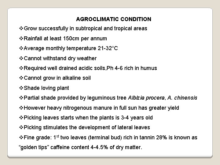 AGROCLIMATIC CONDITION v. Grow successfully in subtropical and tropical areas v. Rainfall at least