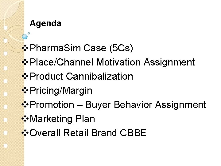 Agenda v. Pharma. Sim Case (5 Cs) v. Place/Channel Motivation Assignment v. Product Cannibalization