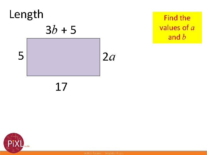 Length Find the values of a and b 3 b + 5 5 2