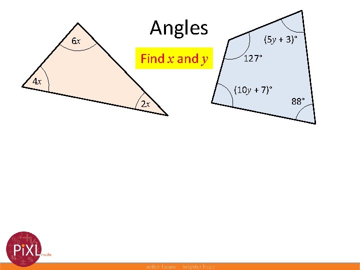 6 x Angles Find x and y 4 x (5 y + 3)° 127°