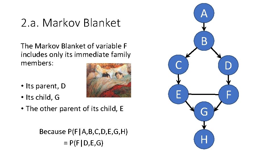 A 2. a. Markov Blanket The Markov Blanket of variable F includes only its