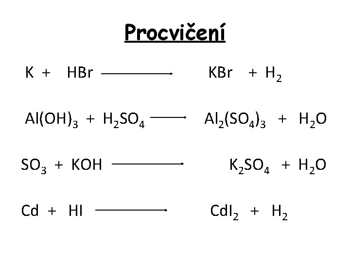 Procvičení K + HBr KBr + H 2 Al(OH)3 + H 2 SO 4