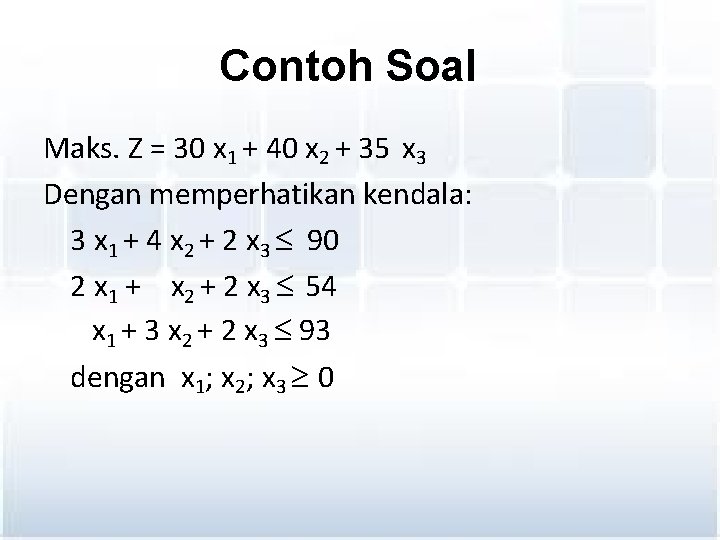 Contoh Soal Maks. Z = 30 x 1 + 40 x 2 + 35