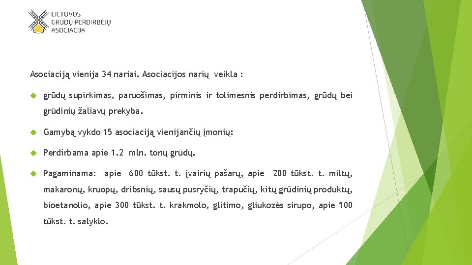 Asociaciją vienija 34 nariai. Asociacijos narių veikla : grūdų supirkimas, paruošimas, pirminis ir tolimesnis